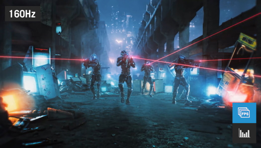 Four soldiers are shooting with lasers and the there is a FPS counter on the upper-left corner