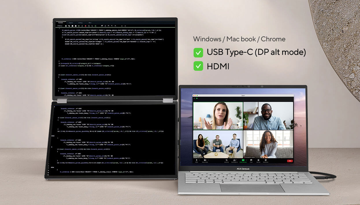 Ein Setup des MQ149CD, das mit einem USB-C2-Kabel an einen Laptop angeschlossen wird, um im geteilten Modus anzuzeigen