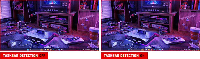 Comparison image showing two screenshots of deskto. The taskbar on left image is noraml; while the taskbar on the right comes with a transparent effect.