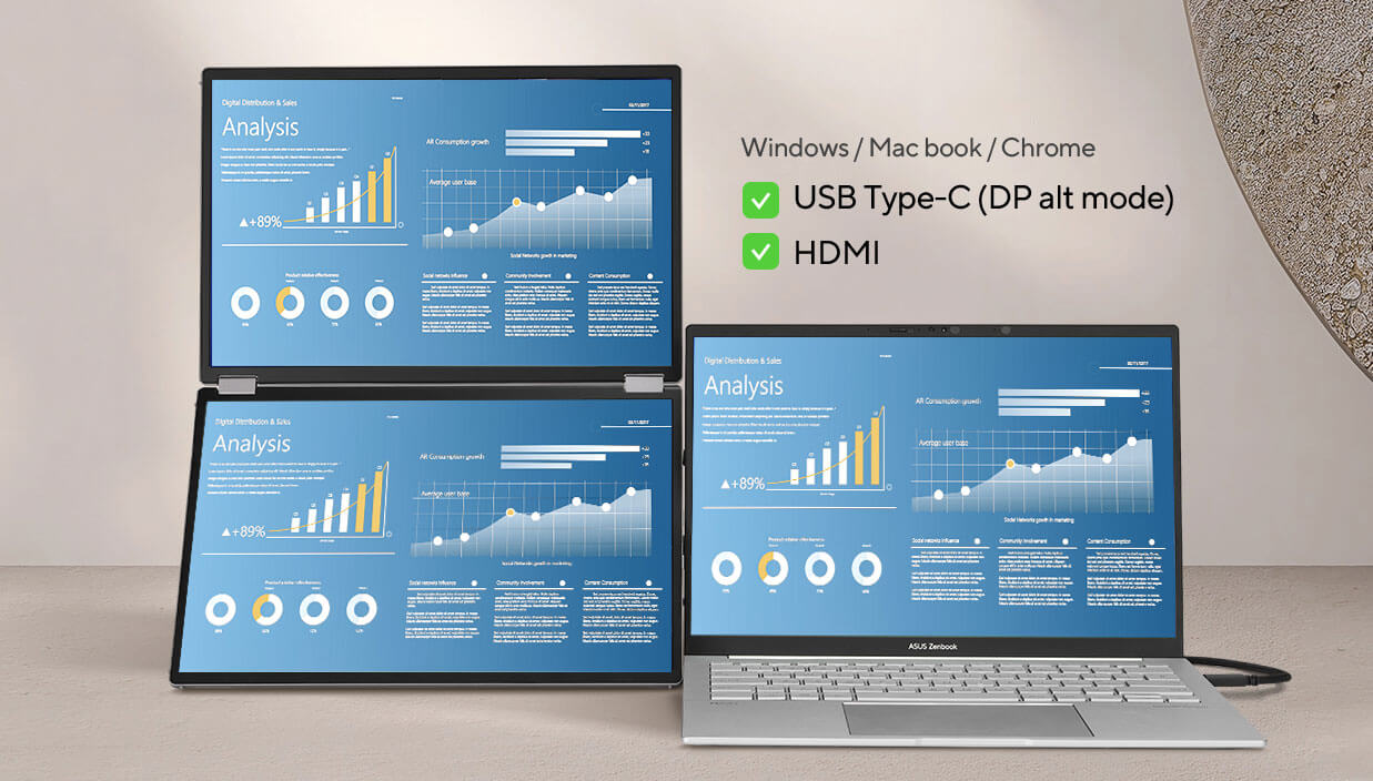Zeigen Sie eine Arbeitseinstellung eines Laptops, der an den MQ17QH angeschlossen ist, im Querformat