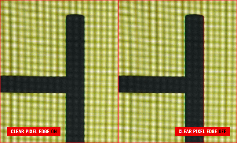 The edges of each individual letter is clear and crisp. / The edges of each letter shows red and green color fringing