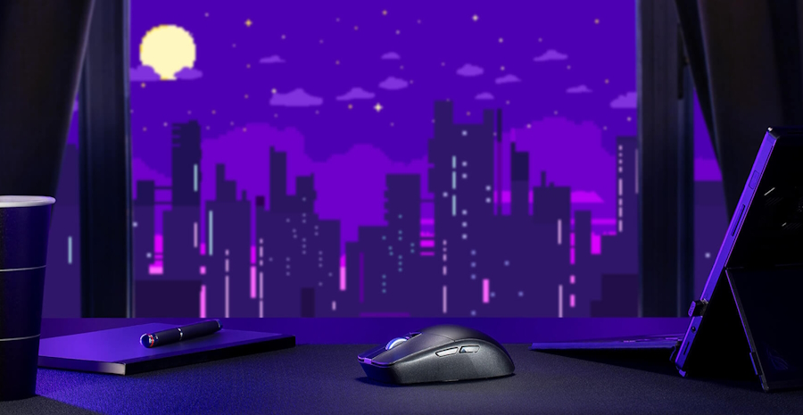 Die ROG Strix Impact III Wireless auf einem Tisch vor dem Hintergrund der dunkelblauen Skyline einer nächtlichen Stadt