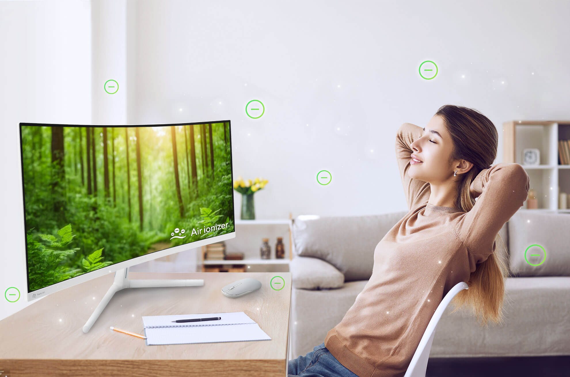 Ein Bild, das zeigt, wie die Monitore der VU-Serie die Luft um Sie herum reinigen.