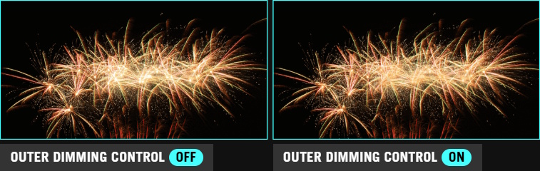 Image of fireworks against a dark sky. / Image of fireworks against a dark sky, with the center of the fireworks dimmed.