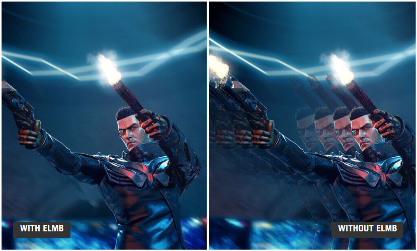 A screenshot of an in-game character firing two guns / A screengrab of an in-game character firing two guns, with the image showing considerable motion blur.