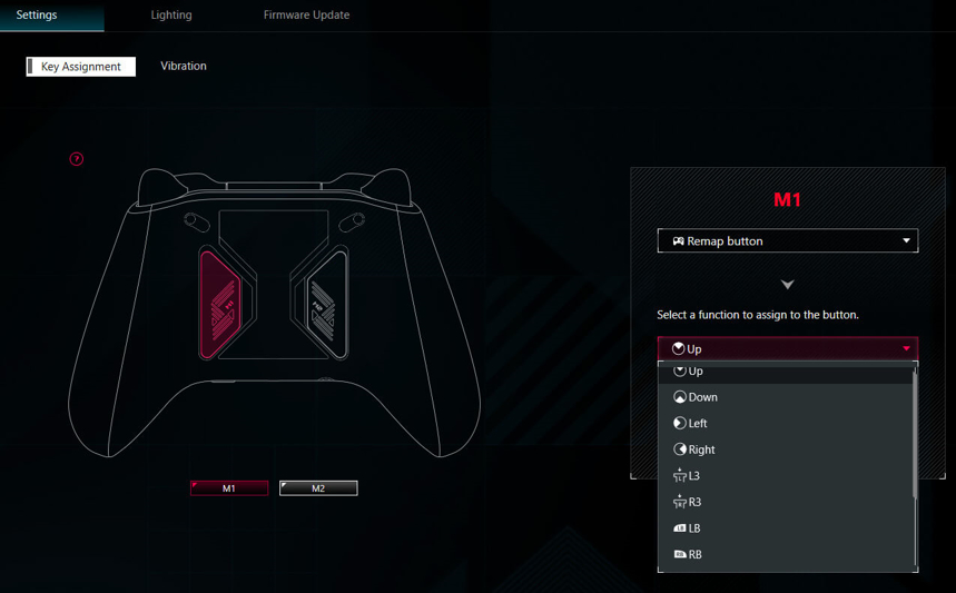 The key assignments Armoury Crate software interface for ROG Raikiri