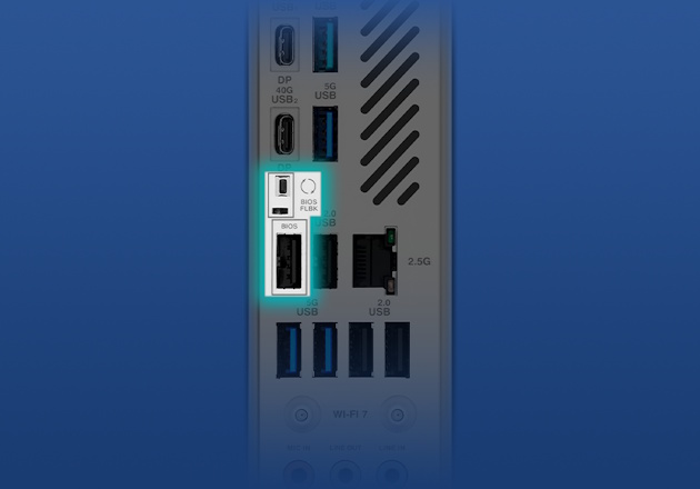 Grafik der X870 MAX GAMING WIFI7 W BIOS FlashBack Funktion.