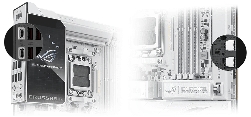 Two USB4® Type-C® Ports on ROG Crosshair X870E Glacial/Two USB 20Gbps USB Type-C® Panel Connectors on ROG Crosshair X870E Glacial