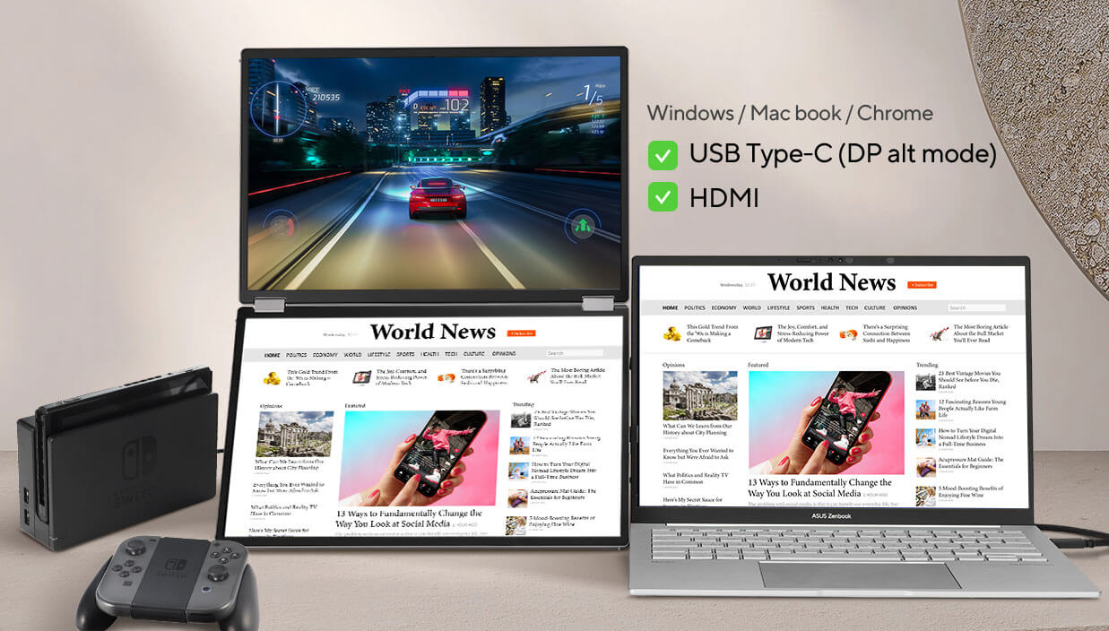 Zeigen Sie zwei Setups für den unabhängigen Modus, ein Setup des MQ149CD, das über ein USB-C2-Kabel mit einem Laptop verbunden ist, ein Setup des MQ149CD, das mit zwei Geräten verbunden ist, einer Spielkonsole und einem Laptop mit USB-C2 oder Mini-HDMI, um einen individuellen Bildschirm zu haben