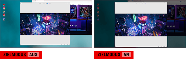 Screenshot eines Desktops mit zwei geöffneten Fenstern. / Screenshot eines Desktops mit zwei geöffneten Fenstern; das obere Fenster ist auf normaler Helligkeit, während das andere Fenster gedimmt ist.