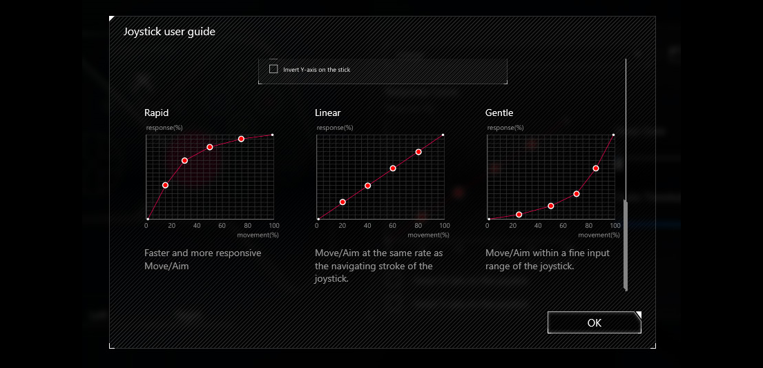 The joysticks settings Armoury Crate software interface for ROG Raikiri