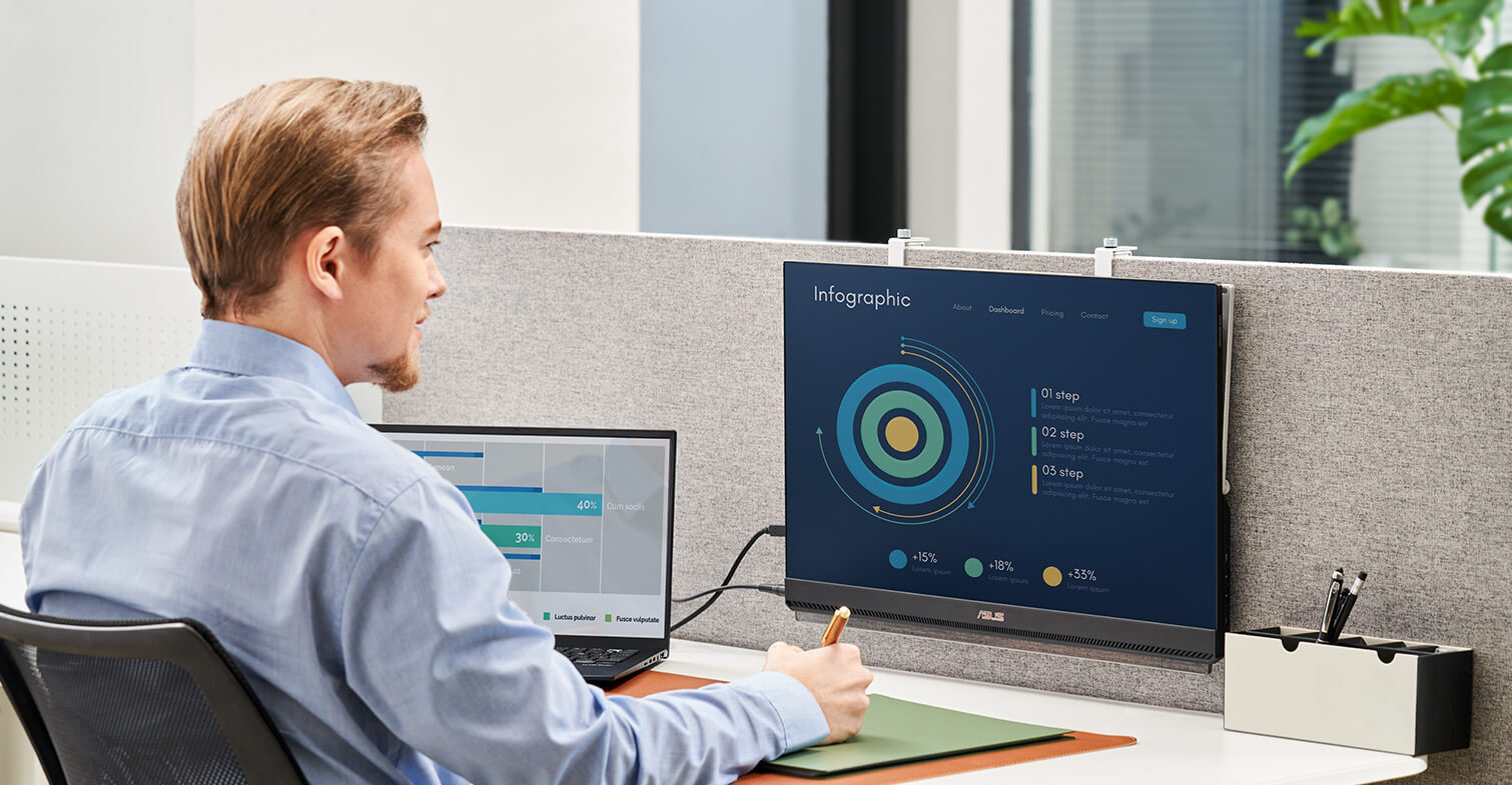 A Man wok in office with a laptop and ZenScreen MB249C on partition mount