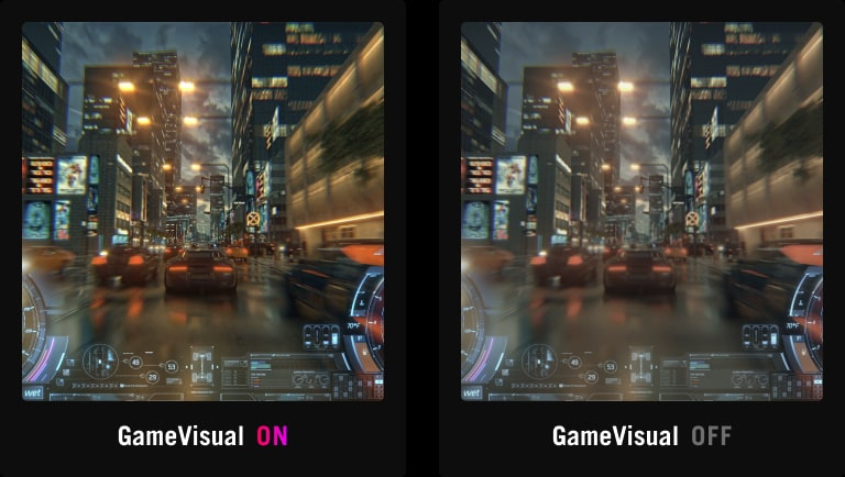 A comparison of racing view on ROG Swift PG32UQXR, with and without GameVisual