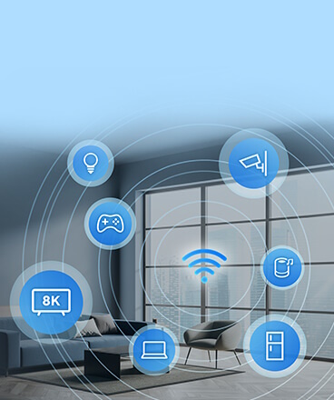 Smart home device icons circling a WiFi symbol.