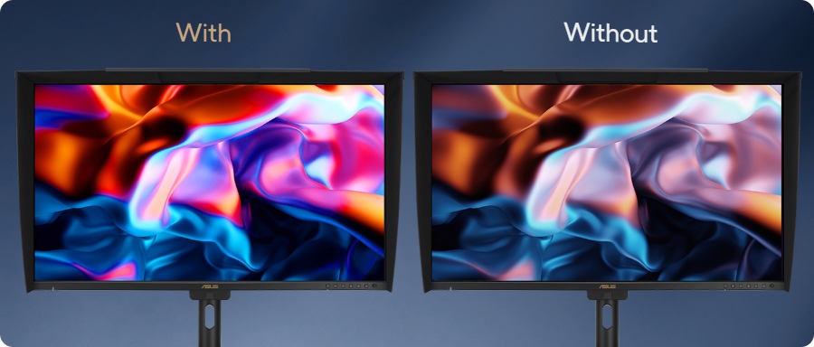 two ProArt monitors demo with and without backlight sensor.