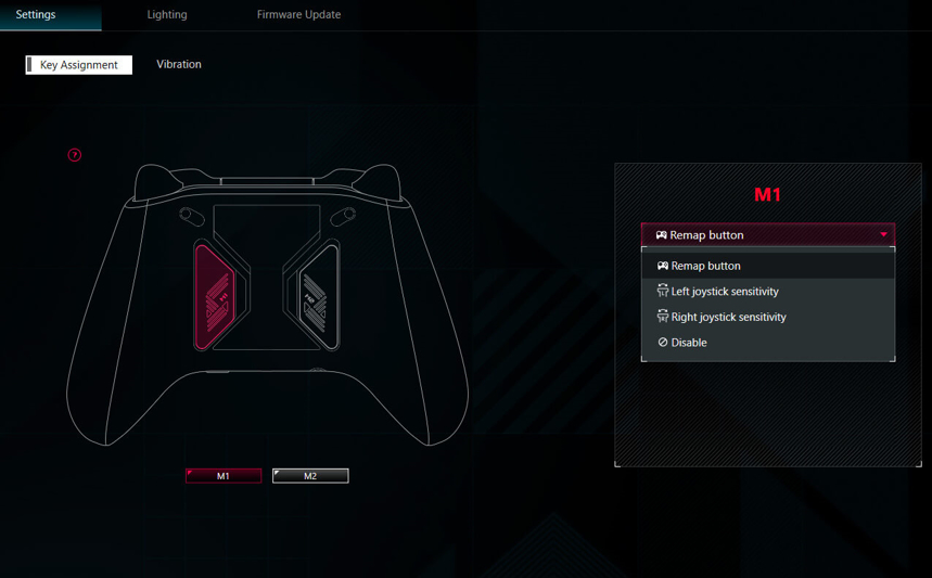 The key assignments Armoury Crate software interface for ROG Raikiri