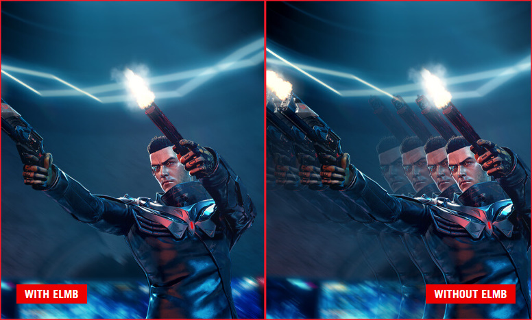 A crisp, clear moving visual of an in-game character firing two guns / A screengrab of an in-game character firing two guns, image shows considerable motion blu
