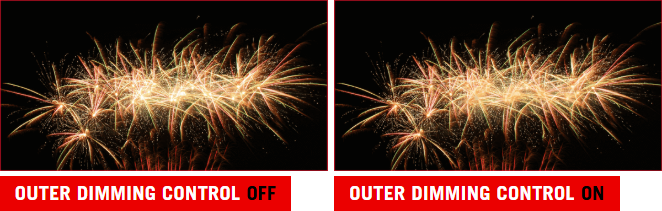 Image of fireworks against a dark sky. / Image of fireworks against a dark sky, with the center of the fireworks dimmed.
