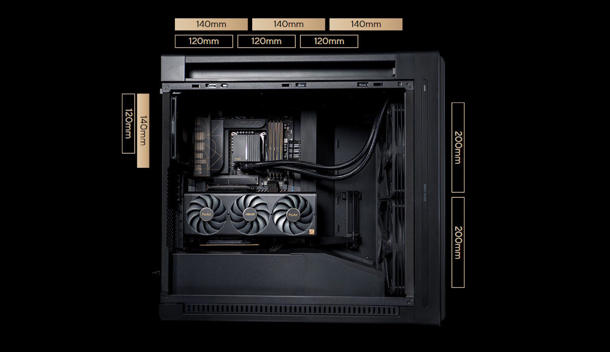 Kompatibilität der ProArt PA602 Wood Edition PC-Builds mit 120mm, 140mm und 200mm Lüftern