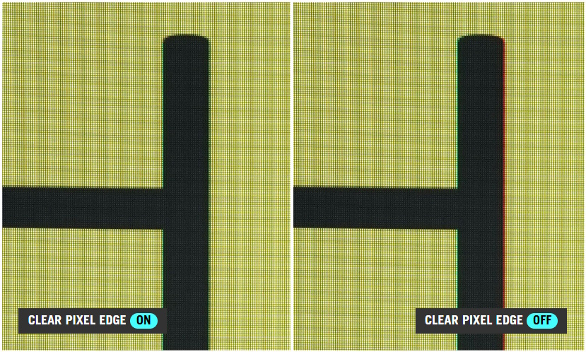 The edges of each letter is clear and crisp. / The edges of each letter shows red and green color fringing.