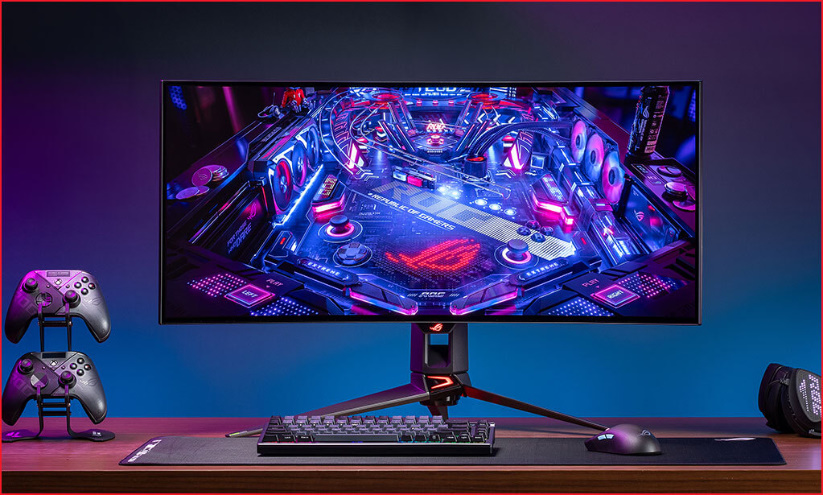 Frontansicht eines Gaming-Setups mit PG34WCDM sowie einer Tastatur und Maus
