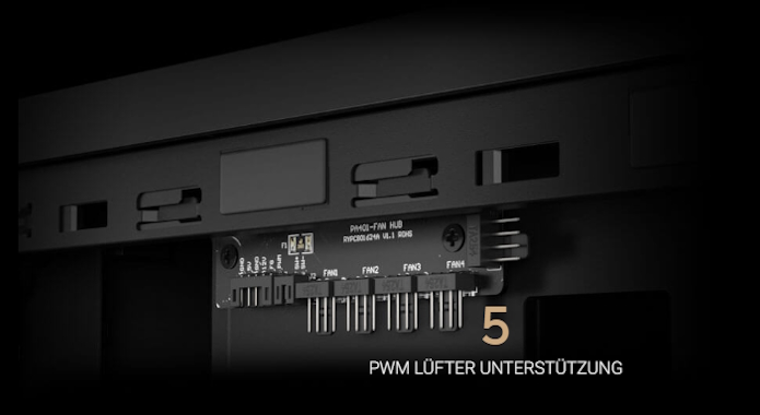 Nahaufnahme des integrierten Lüfter-Hubs mit Unterstützung für bis zu 5 PWM-Lüfter