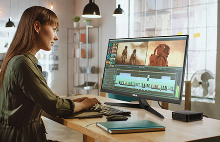 Smart industry control concept. Hands holding tablet on blurred automation machine as background