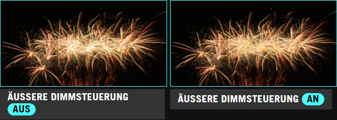 Bild eines Feuerwerks gegen einen dunklen Himmel. / Bild eines Feuerwerks vor einem dunklen Himmel, wobei die Mitte des Feuerwerks abgedunkelt ist.