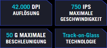 42.000 DPI AUFLÖSUNG 750 IPS MAXIMALE GESCHWINDIGKEIT 50 G MAXIMALE BESCHLEUNIGUNG
Track-on-Glass TECHNOLOGIE