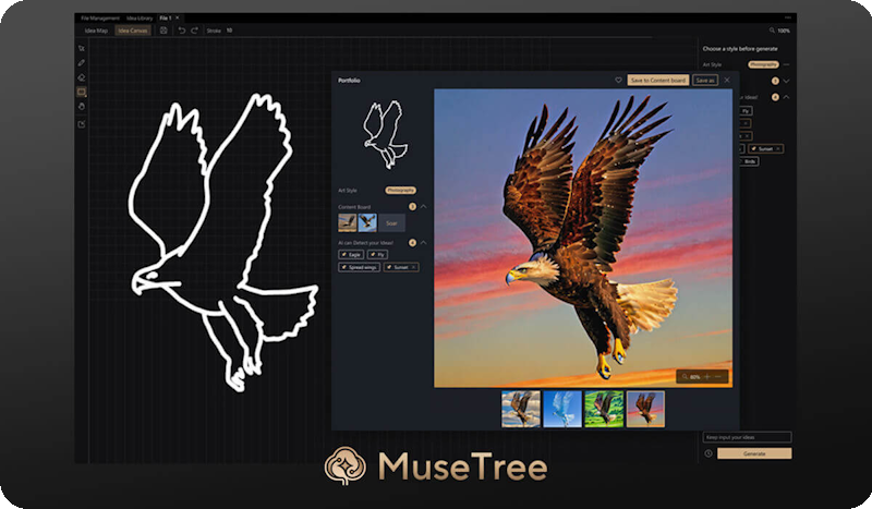 Digitale Kunstsoftware mit einer Zeichnung eines Adlers auf der linken Seite und einem farbigen Bild eines Adlers im Flug auf der rechten Seite, mit verschiedenen Bearbeitungswerkzeugen und Optionen