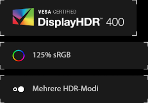 VESA ZERTIFIZIERTES DisplayHDR 400; 125% sRGB; Mehrere HDR-Modi