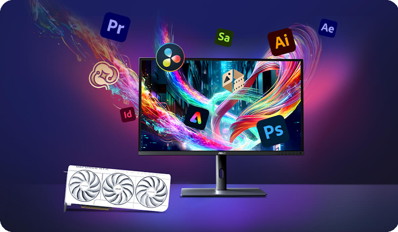 Monitor auf einem Schreibtisch, mit Adobe-Produktlogos, die um den Monitor herum schweben
