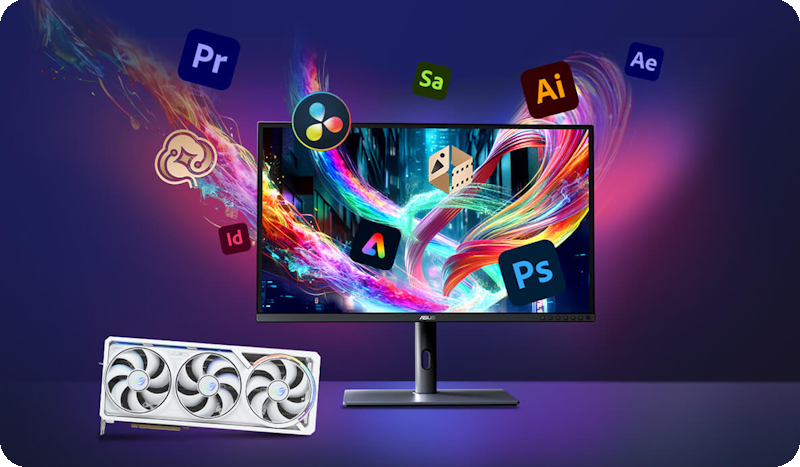 Monitor und ROG Astral auf einem Schreibtisch, mit Adobe-Produktlogos, die um den Monitor herum schweben